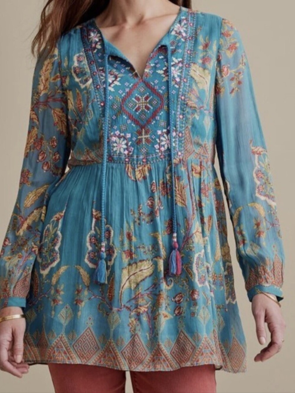 Teal Background, with a colorful yet subtle embroidery.  Rayon Cotton